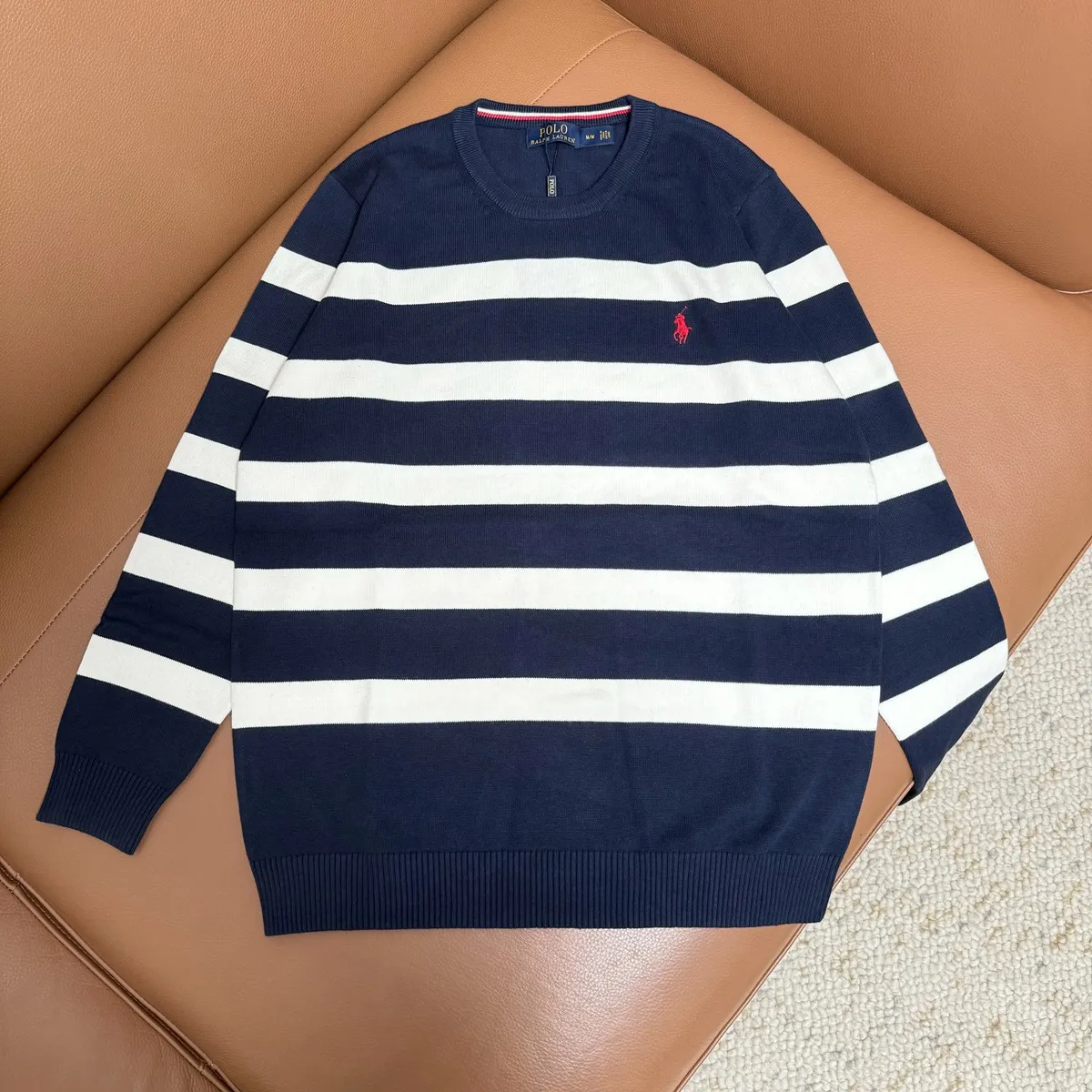 P200 M201#Ralph Lauren pony embroidered striped crew neck sweater Color: royal blue/white stripes, white/royal blue stripes, royal blue/color blue stripes Size: M-XXL